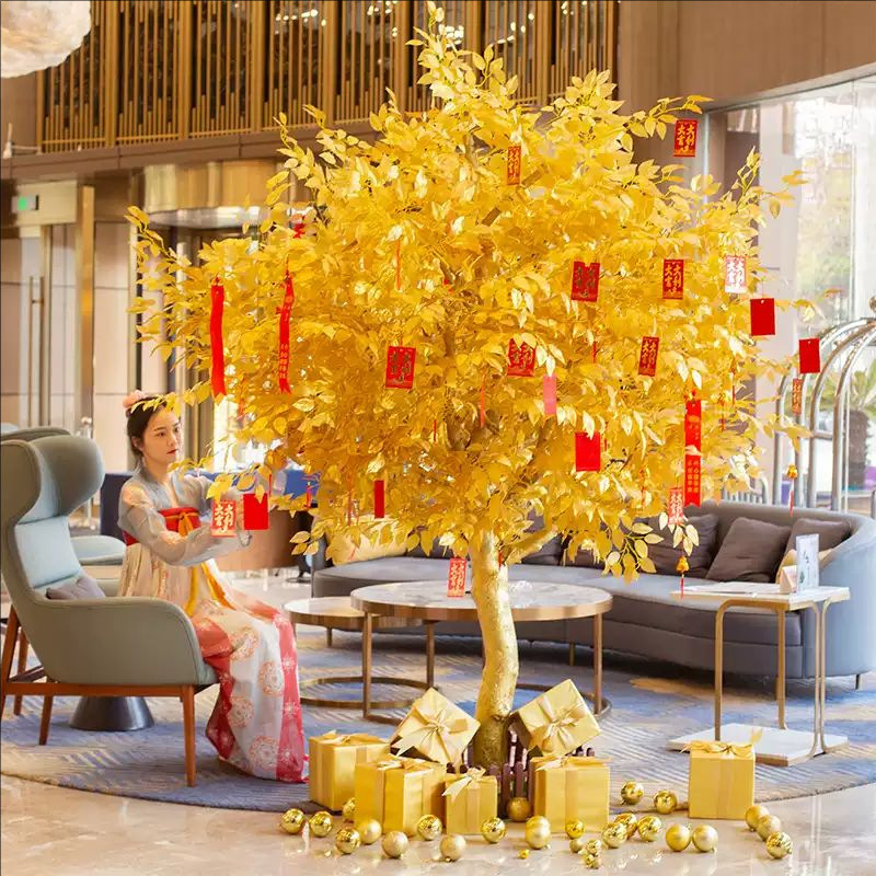 Simulation Golden Banyan Tree Shaking Money Wish Red Bag Tree New Year Fortune Tree Large Fake Tree Hall Shopping Mall Hotel Decoration Tree