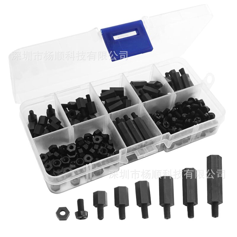 Cross-Border 180Pcs Boxed Black Nylon Phillips Round Head Screws, Hex Nuts, Single-Pass Isolation Columns, M3 Set Cross-Border 180Pcs Boxed Black Nylon Phillips Round Head Screws, Hex Nuts, Single-Pass Isolation Columns, M3 Set