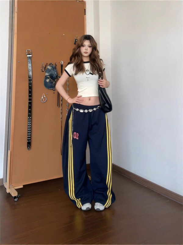 美式复古三条杠运动裤女2025新款宽松高腰阔腿裤垂感拖地休闲裤子|undefined