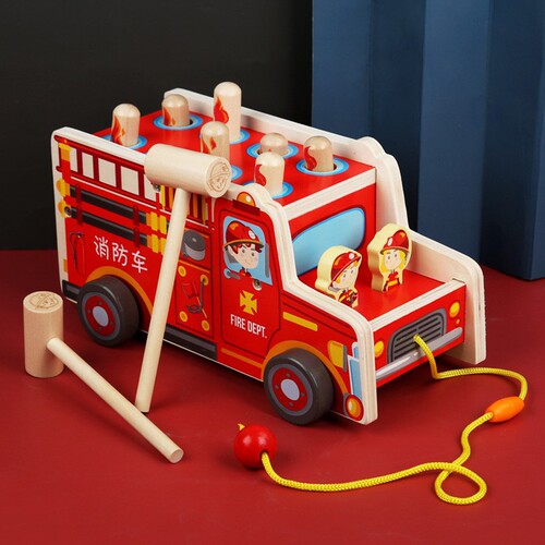 Wooden early education fire truck cartoon animal fishing and catching insects and whack-a-mole baby knock-knock building blocks tractor toy