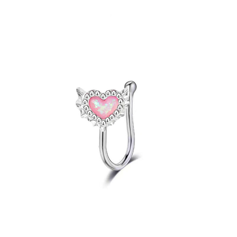 Stainless Steel New Pink Heart-Shaped Opal Belly Button Ring Clip Earrings Nose Stud Body Piercing Jewelry_voghion.com