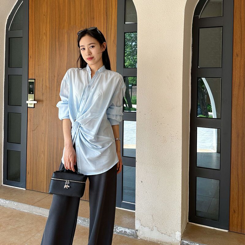 [Same Style as Gao Yuanyuan] Niche Deconstructed Twist Design Stand-Up Collar Clear Thin Cotton Long-Sleeved Shirt Sun Protection Top for Women