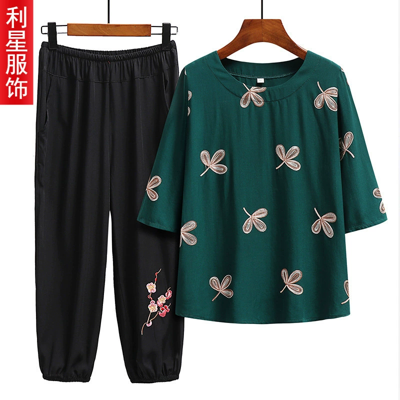 Весна и лето для мамы, свободный костюм из хлопка и льна больших размеров, женская футболка среднего и пожилого возраста с рукавами среднего размера, топ для пожилых бабушек с вышивкой