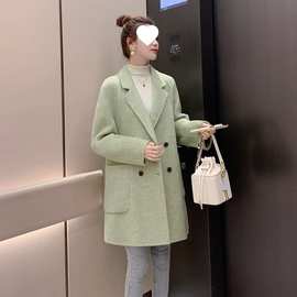牛果绿赫本风加厚羊毛大衣女秋冬小个子年新款时尚羊毛呢外套