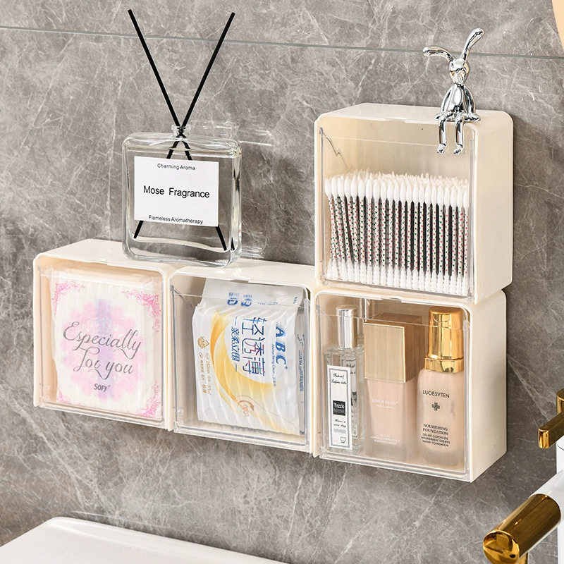 Wall-Mounted Modular Storage Box, Plastic Cosmetic Organizer, Waterproof Compartments (Cream)