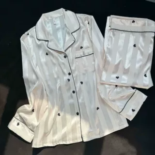 新品春秋冰丝带胸垫睡衣女士气质长袖长裤高级感丝绸家居服两件套