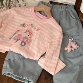 早春女童粉色条纹卡通休闲长袖t恤宝宝宽松上衣儿童幼儿园衣服女