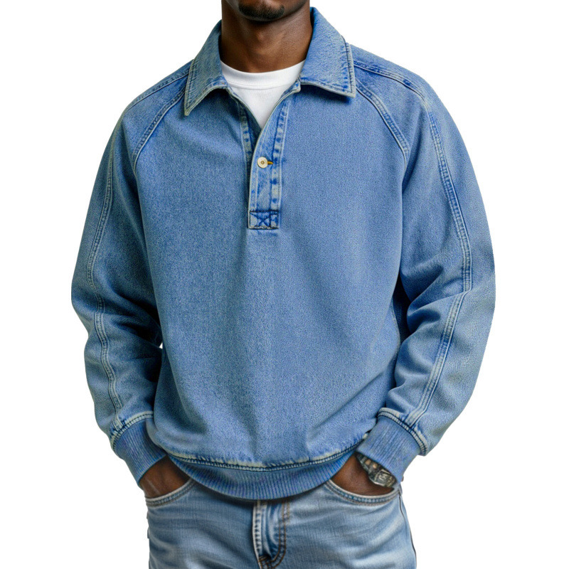2025 Cross-Border European and American Autumn and Winter Men's Retro Distressed Buttoned Solid Color Loose Hoodie Sports Polo Sweatshirt 2025 Cross-Border European and American Autumn and Winter Men's Retro Distressed Buttoned Solid Color Loose Hoodie Sports Polo Sweatshirt
