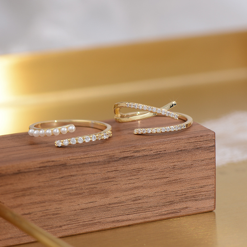 Elegant Streetwear Geometric Copper Plating Inlay Artificial Pearls Zircon Open Rings display picture 3