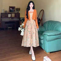 Весеннее оранжевое платье, кардиган, комплект, plus size