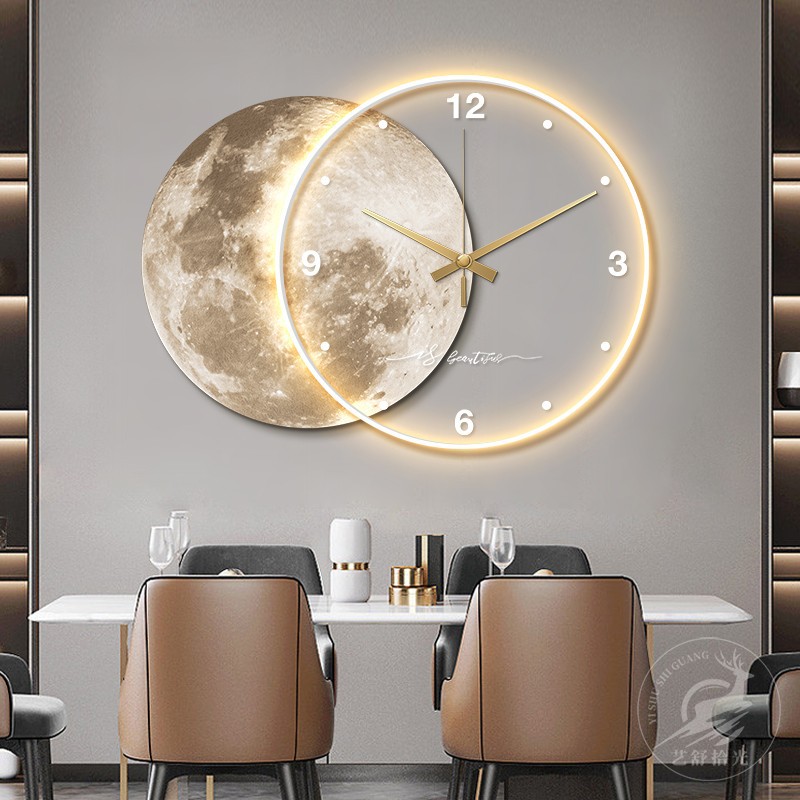 Wabi-Sabi Style Restaurant Decorative Painting High-End Moon Led Lamp with Clock Living Room Wall Hanging Painting Creative Clock Wall Lamp