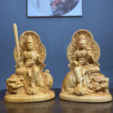 崖柏木雕文殊普贤菩萨高10cm工艺品摆件创意根雕家居饰品中式摆件