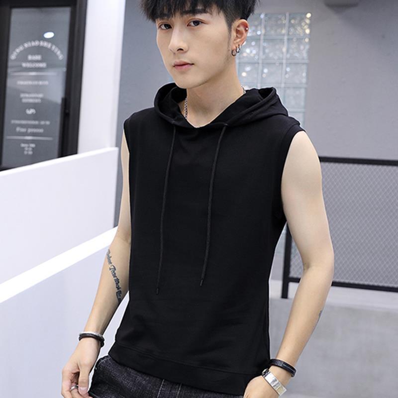Sports Wide Shoulder Running Hooded Vest Men's Shirt Black Pure Sleeveless T-Shirt Summer Fashionable Outer Wearing Waistcoat