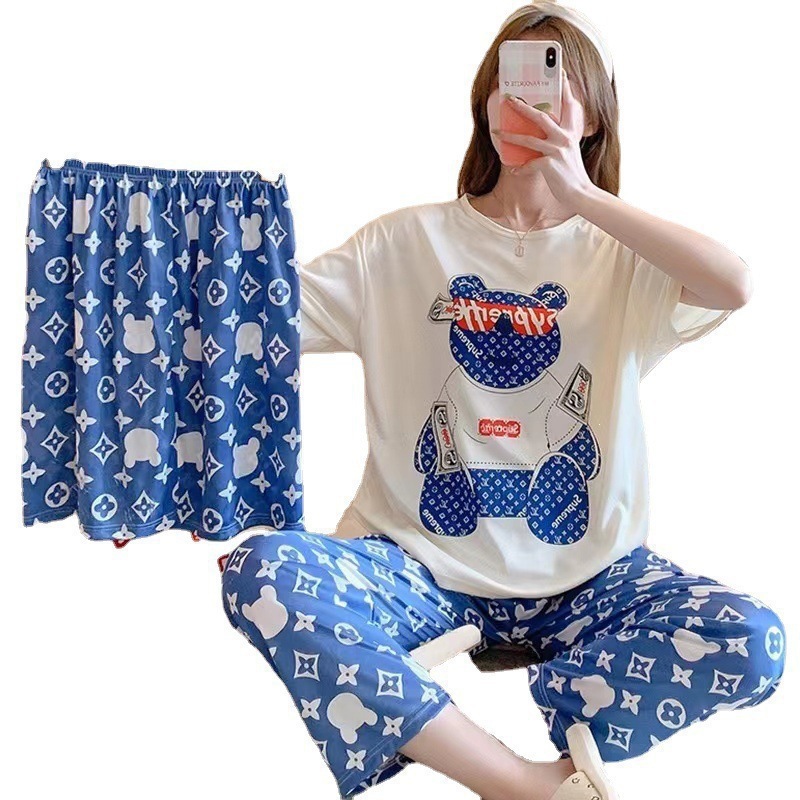 Pijamas de verano de mujeres de verano de mangas cortas nuevo estilo 2025 en línea rojo coreano ins estudiantes ropa de hogar se puede usar con tres piezas