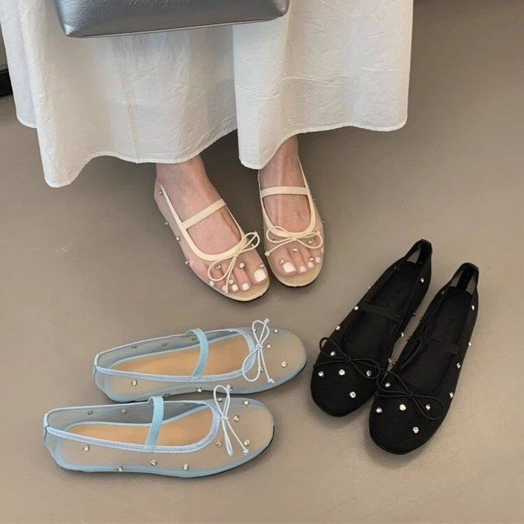 2025 Summer Rhinestone Embellished Mesh Ballet Flats Breathable Round Toe Bow Shoes Casual Mary Jane Shoes