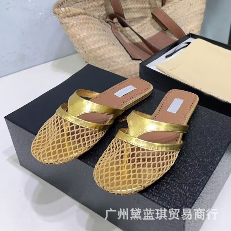 High Version Niche New Mesh Hollow Toe Sandals for Women to Wear Flat-Soled Mule Ballet Mesh Half Slippers