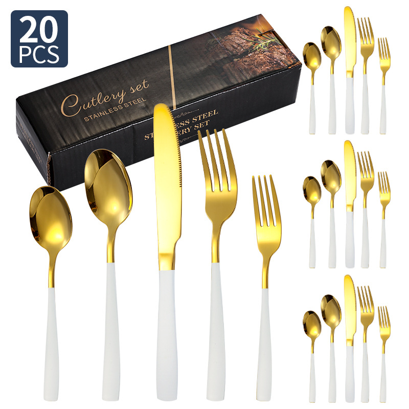 Transfronterizo Amazon cubiertos de acero inoxidable de mango cuadrado 20 / 24 / 30 piezas set cuchillo de filete de comida occidental tenedor cuchara set box
