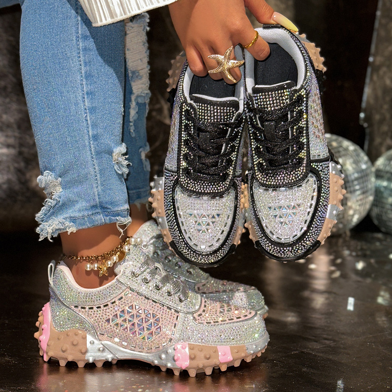 Fashionable Large-Size Dad Shoes for Women, New Spring and Autumn Style, with Durian Sole and Rhinestone Decoration, Comfortable Sports Casual Shoes for Women
