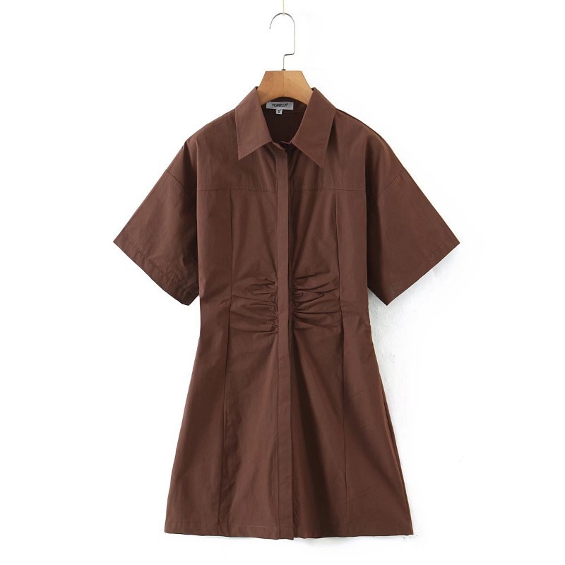 Single Breasted solid color short sleeve Lapel Waist shirt Dress NSXDX120870