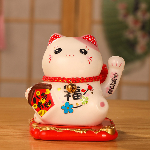 Lucky Cat Small Waving Hand Ceramic Solar Powered Waving Feng Shui Cat Creative Textured Car Ornament Gift