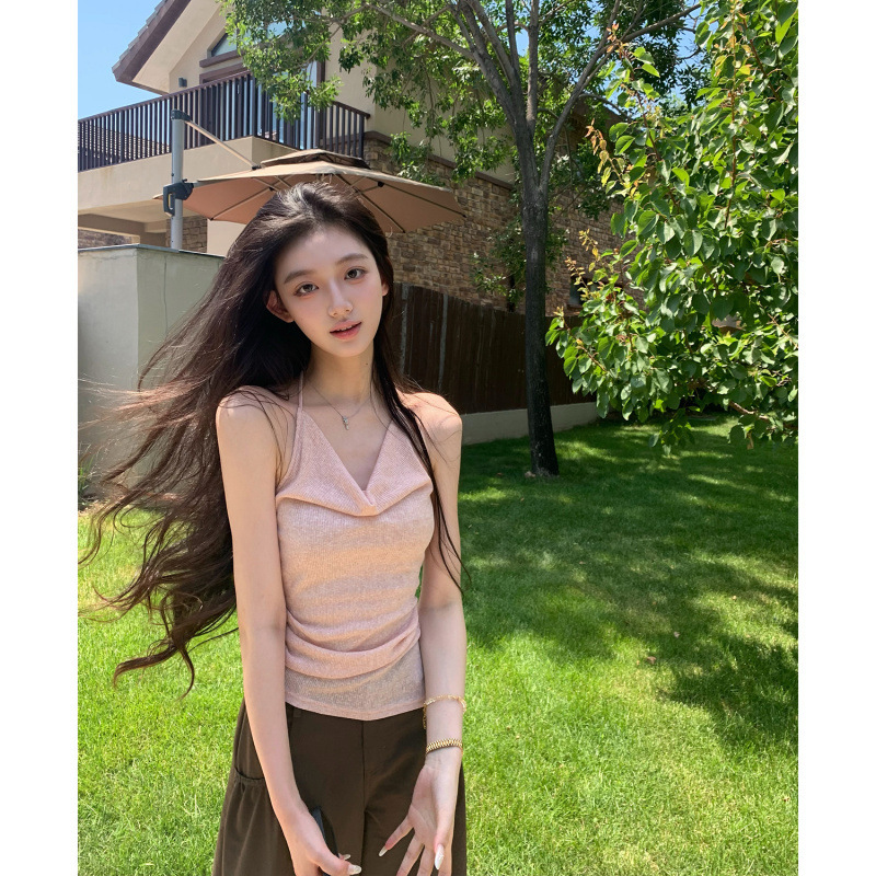 [Double-Layer 22 Tencel Thread] Swing Collar Halterneck Suspender Women's Summer Design Strappy Slightly See-Through Sleeveless Vest