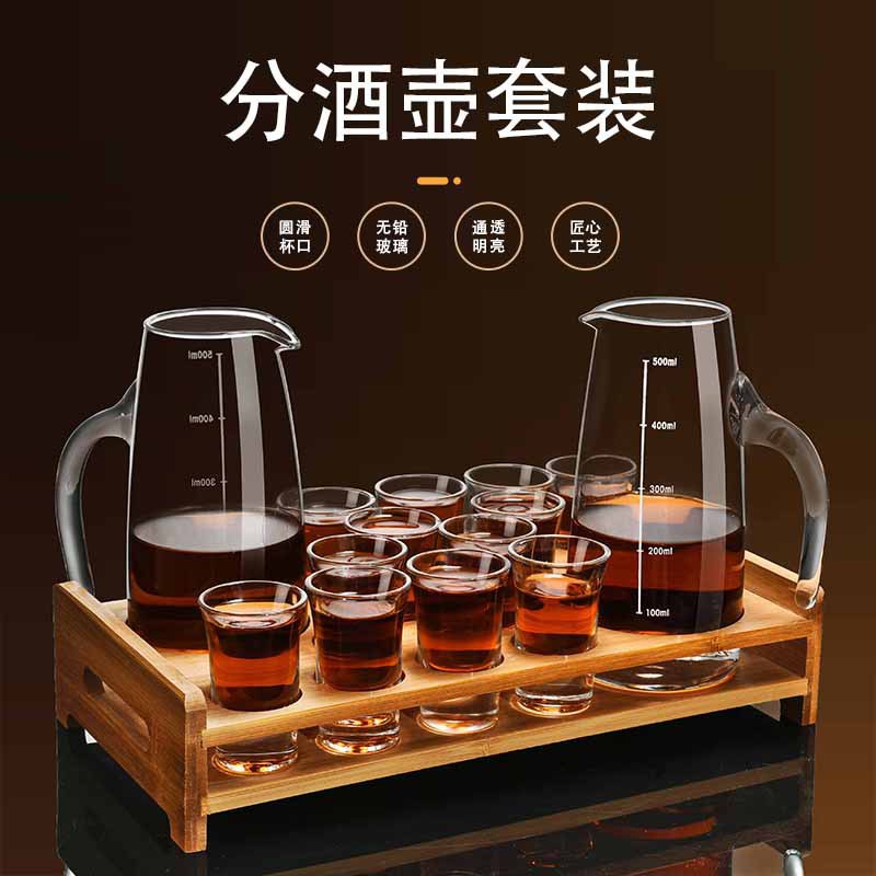 Taza de vino conjunto de taza de bala, taza de vino, taza de vino, taza de vino pequeña, taza de bambú, rack de madera, dispensador de vino, jarro de vino de vidrio