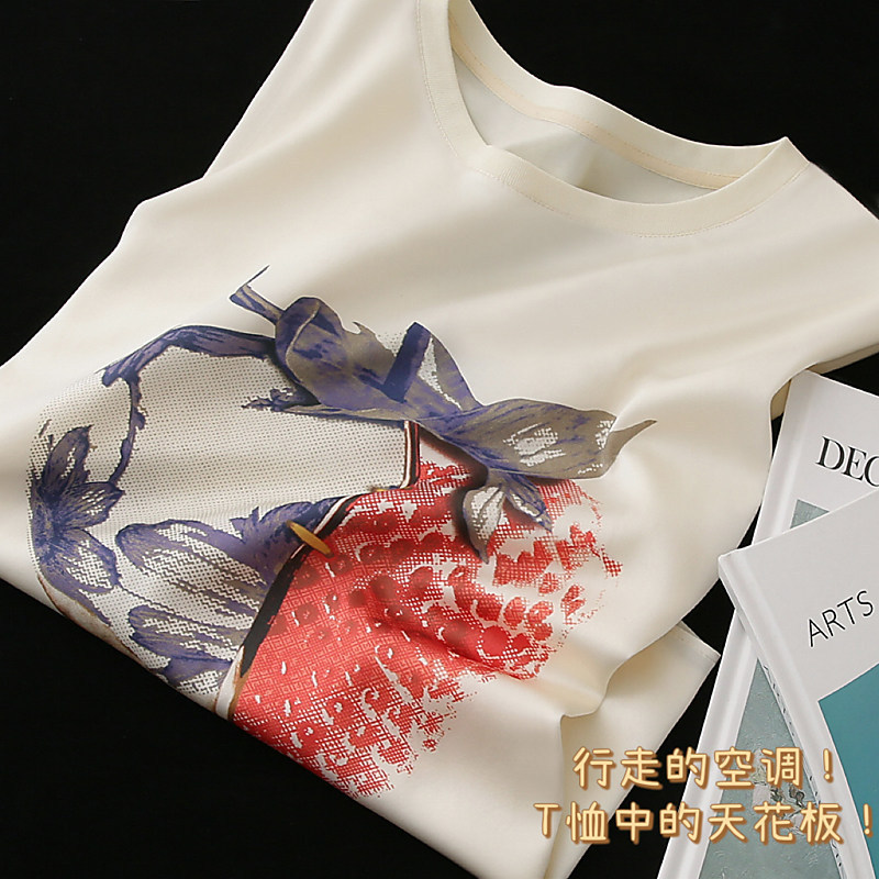 It Feels so Good on the Skin! Silk Is Comfortable and Breathable~ Printed Cotton Patchwork Round Neck Short-Sleeve Straight T-Shirt for Women in Summer