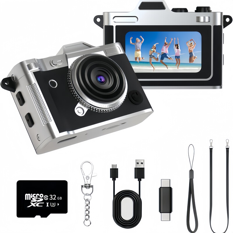 Cross-Border 2K High-Definition Zinc Alloy Children's Camera with Screen, Pocket Photo and Video Recording, Genuine Leather Retro Mini Camera