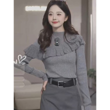 2025秋季新款法式半高领拼接网纱长袖针织衫女荷叶边修身显瘦上衣