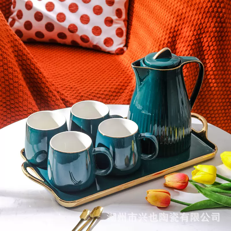 现代简约陶瓷水具套装祖母绿冷水壶客厅家用杯子水壶套装乔迁礼品