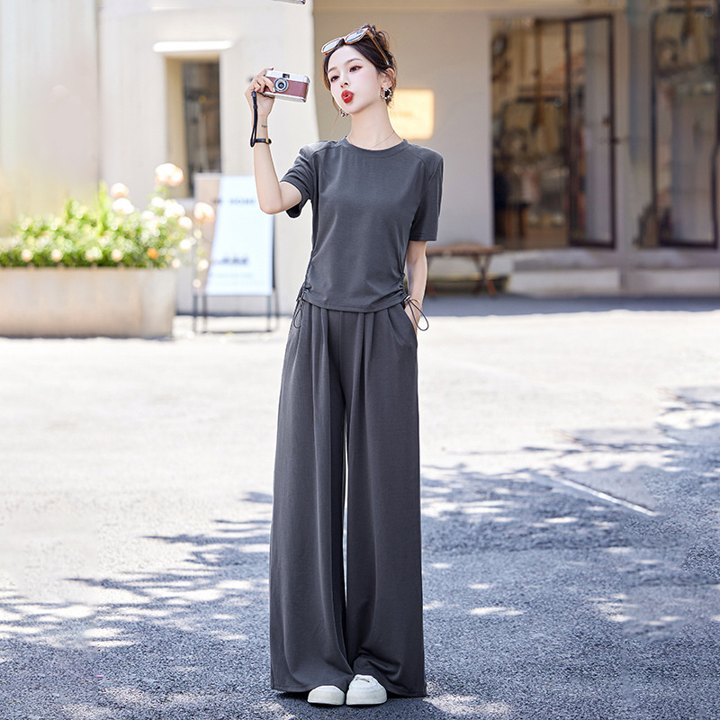 Ice Silk Thin Casual Sports Suit for Women 2025 Summer New Style Covering Flesh and Slimming Look T-Shirt Draped Wide-Leg Pants Two-Piece Set