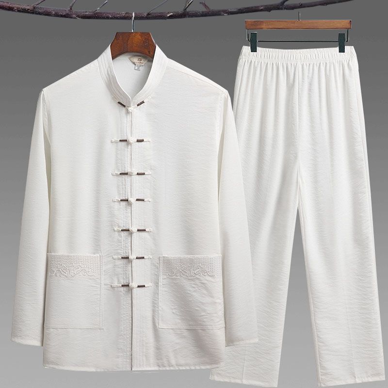 Middle-aged and Elderly Tang Suit Men's Long-sleeved Cotton and Linen suit Dad's Spring and Summer Suit Chinese Tai Chi Suit Hanfu Grandpa Suit Middle-aged and Elderly Tang Suit Men's Long-sleeved Cotton and Linen suit Dad's Spring and Summer Suit Chinese Tai Chi Suit Hanfu Grandpa Suit