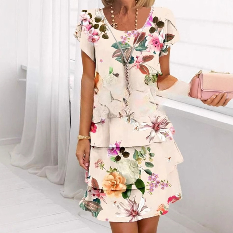 European and American AliExpress short sleeve round neck 3D printing series spring chiffon dress