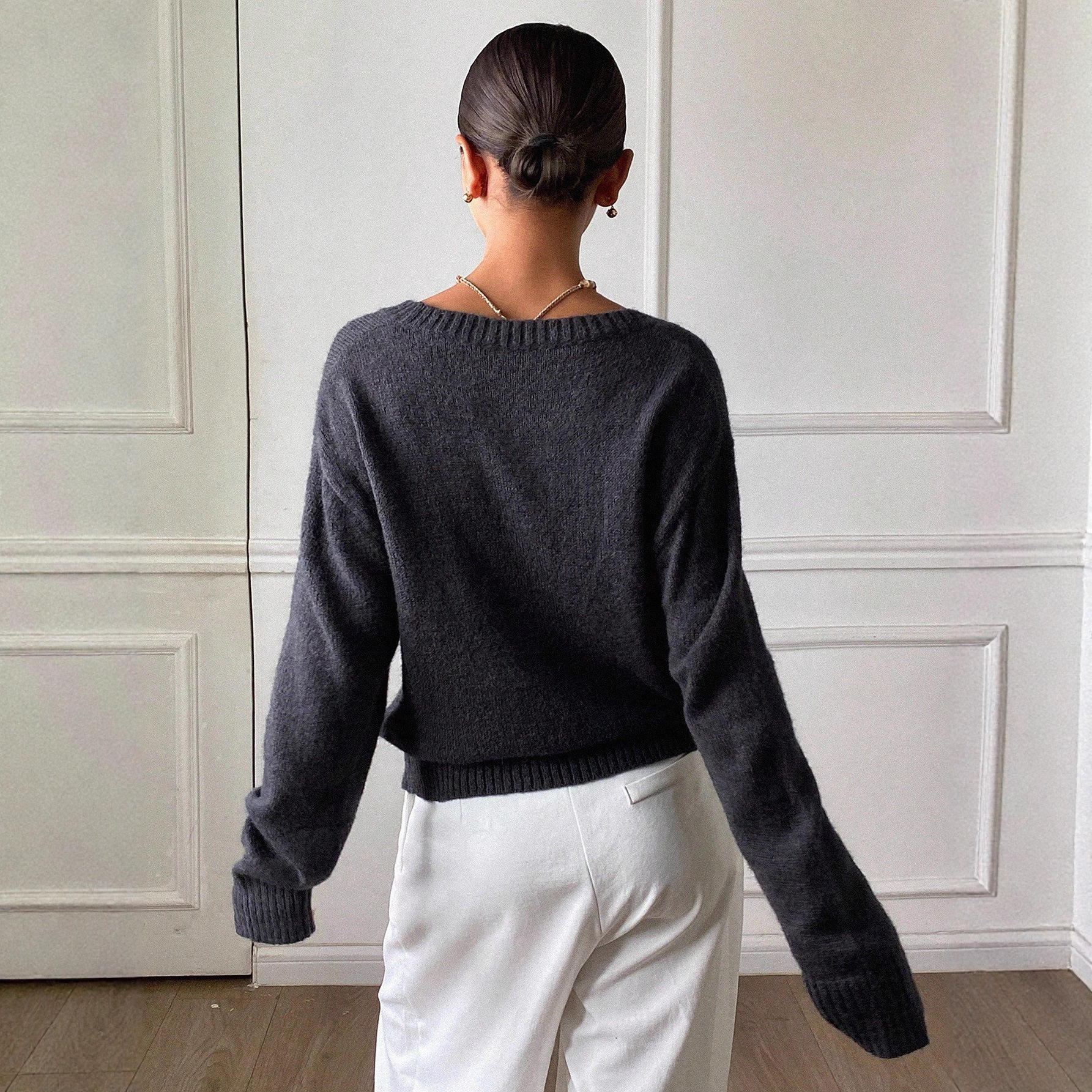 Pull en maille épaisse à col rond, style décontracté, manches longues, gris, idéal pour l'hiver._voghion.com