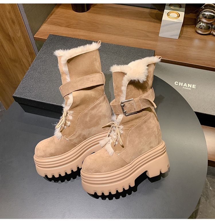 Boot nữ cổ cao ôm bắp chân đế nêm tăng chiều cao 12cm lót lông ấm — mơ 15cm chi tiết 20