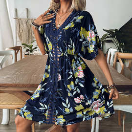 2025跨境新款人棉印花沙滩裙手勾订珠拼接碎花布连衣裙沙滩罩衫