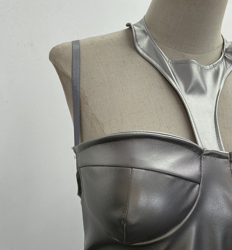 Chest Pad Halter Spaghetti Straps Dress Sexy Slim Fit Ruffle Hip Faux Leather Sexy 15 Chest Pad Halter Spaghetti Straps Dress Sexy Slim Fit Ruffle Hip Faux Leather Sexy