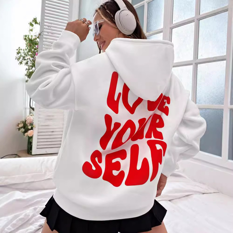 Cross-Border Foreign Trade Women's Fleece Hoodie New Style Back Letter Printed Hoodie Harajuku Top Korean Style