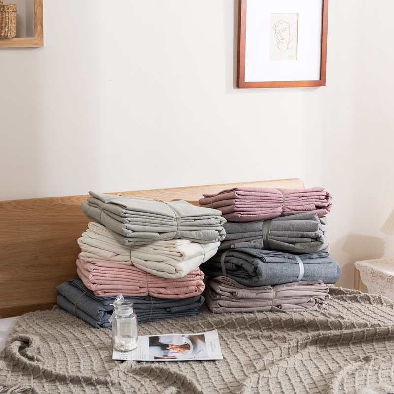 亚马逊夏季高端纯色亚麻四件套欧美床品棉麻混纺纽扣被套床单外贸