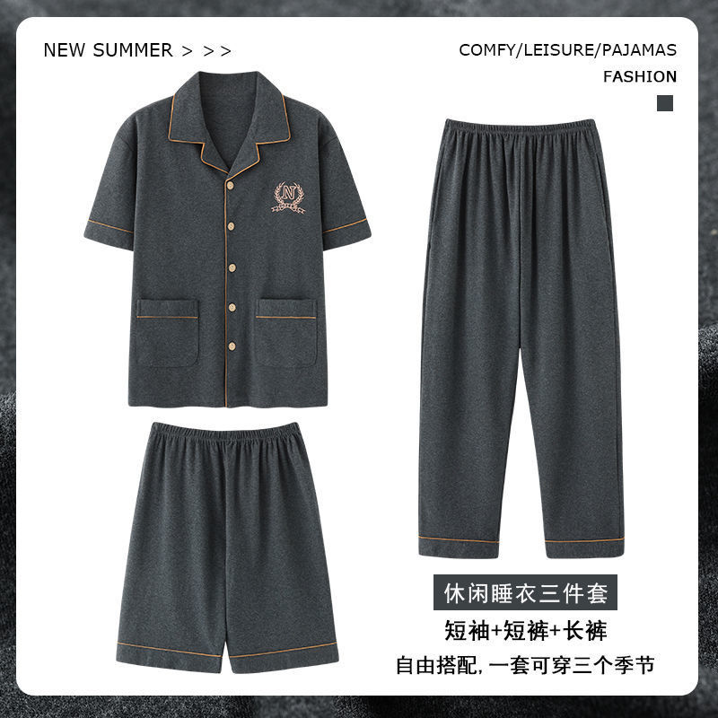 100% algodón pijamas de los hombres pantalones cortos de manga corta pantalones traje de tres piezas cardigan casual más tamaño ropa para el hogar
