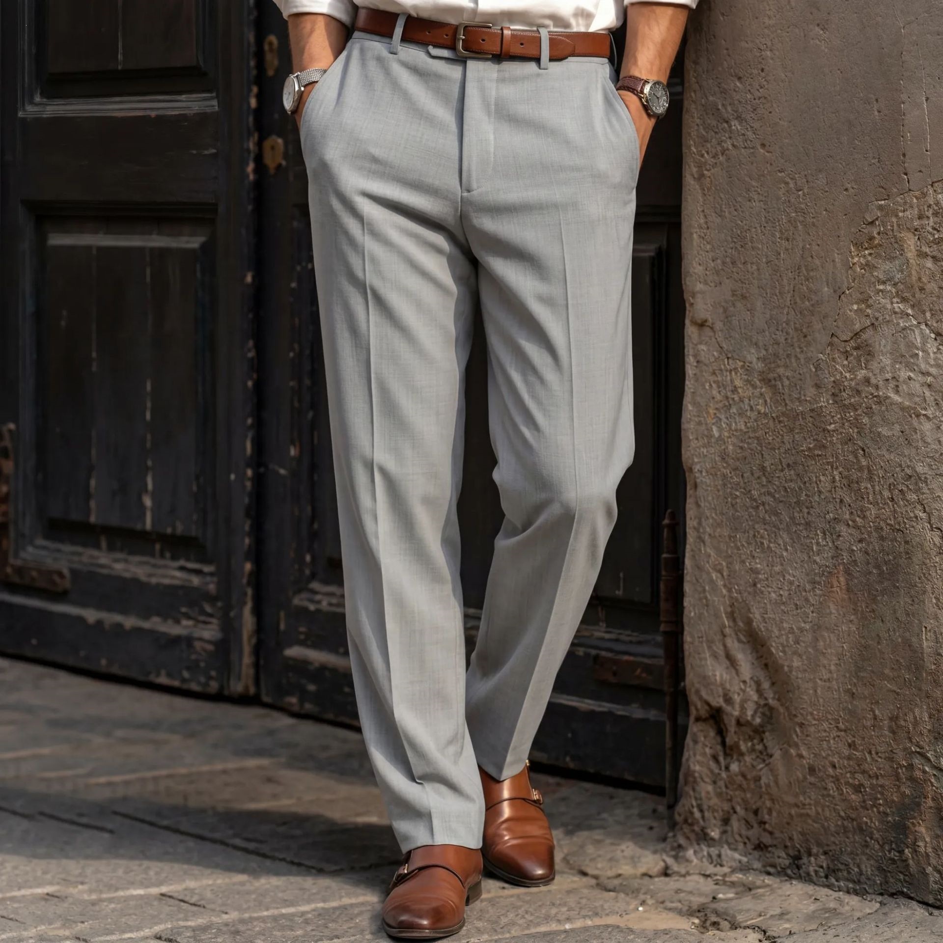 Men's Solid Colour Straight Leg Suit Pants For Business Casual_voghion.com