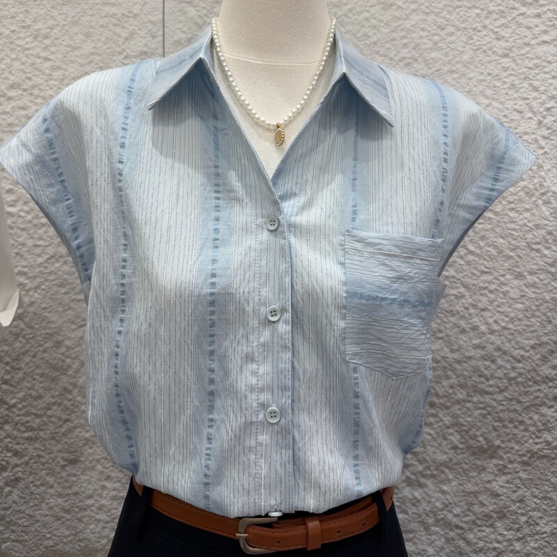 Summer New Striped Sleeveless Shirt for Women, French Design, Loose Fit, Slimming, Elegant Top, Blue, High Elasticity