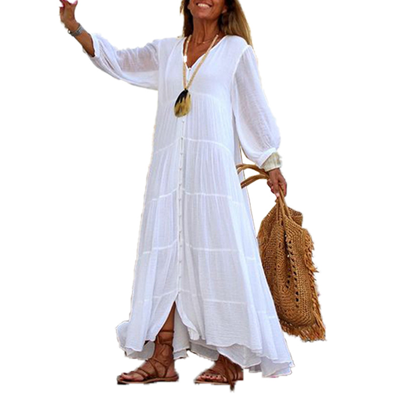 FD536 Auf Lager 2024 Cross-Border Damen Herbstkleid, einfarbig, V-Ausschnitt, langärmelig, im Boho-Stil, aus Baumwoll-Leinen._voghion.com