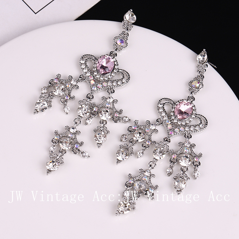New South Korea vintage baroque pink crystal lovely tassel earrings long elegant sweet silver needle earrings
