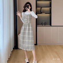 小香风格子背带套装裙女2025秋冬新款白色毛衣配吊带连衣裙两件套