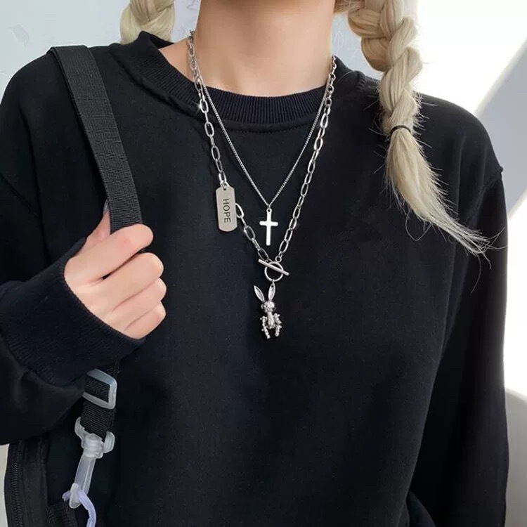 Vintage Double-Layer Mechanical Rabbit Cross Necklace Unisex Hip-Hop Sweet Cool Street European and American Pendant Long Sweater