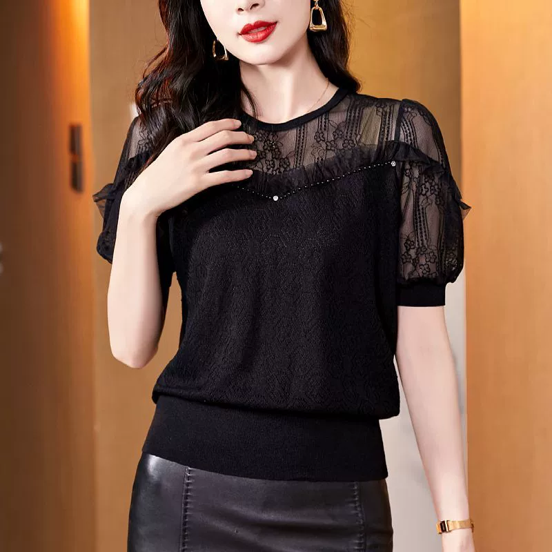 Silk summer lace thin knitted sweater, with short sleeve, oversize