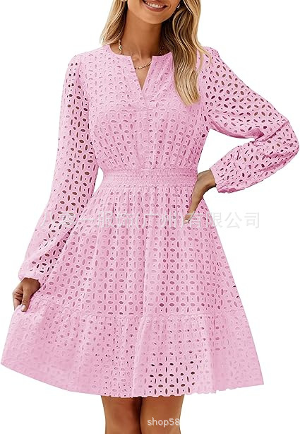 2024欧米の外国貿易クロスボーダー婦人服アマゾンの起爆vネックの透かし彫りの穴の刺繍綿の長袖のワンピース|undefined