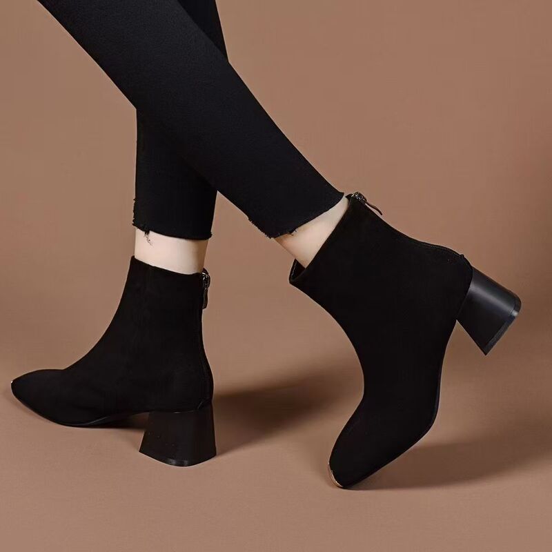 Anti-Kick Suede Boots for Women, 2026 Autumn New Stylish Chunky Heel Metal Round Toe Mid-Heel Stretchy Slim Sock Boots