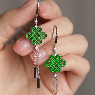 Chinese knot earring tassel high-grade silver inlaid jade earrings green dangerous jade jewelry Chinese style classical